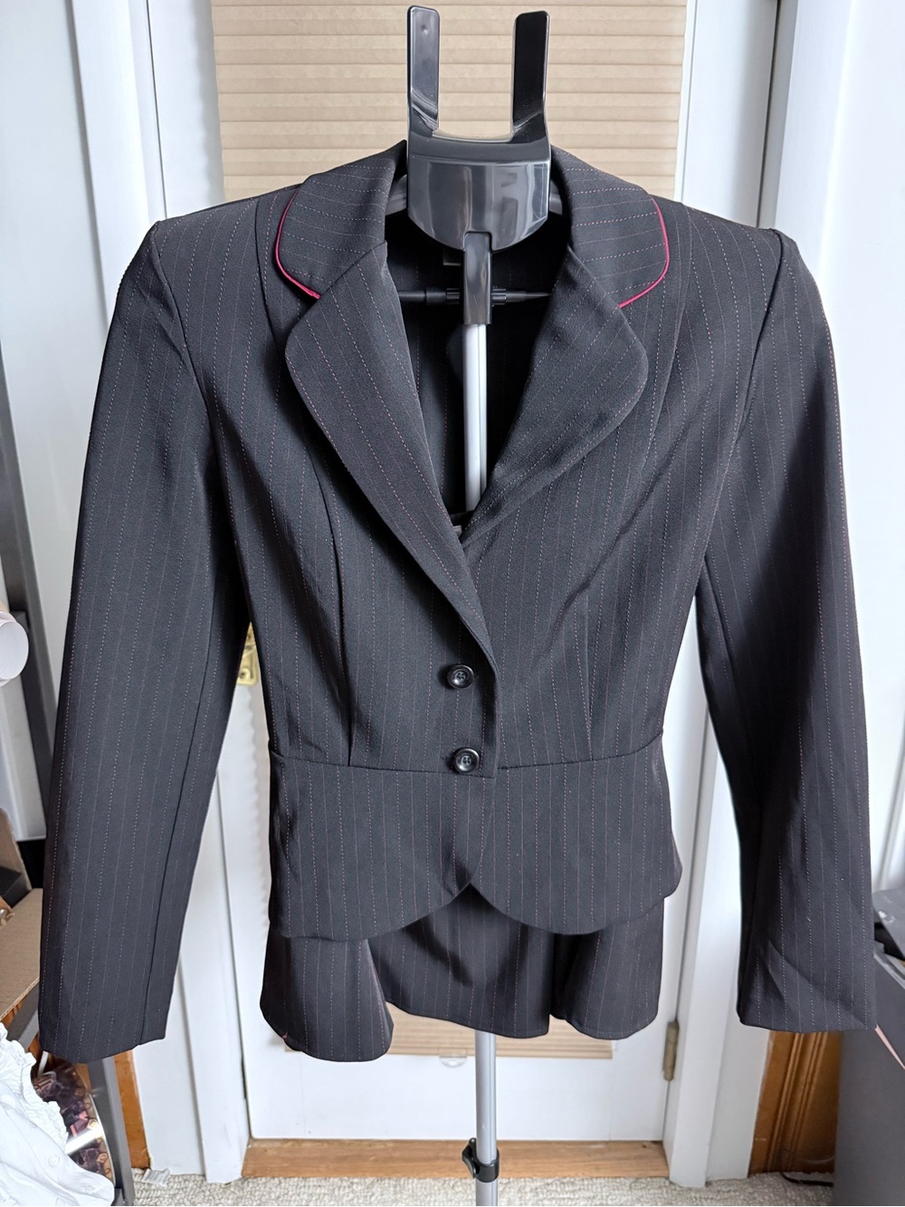 Vintage Tailored Black Pinstripe Blazer red Trim & skirt suit lacing back detail